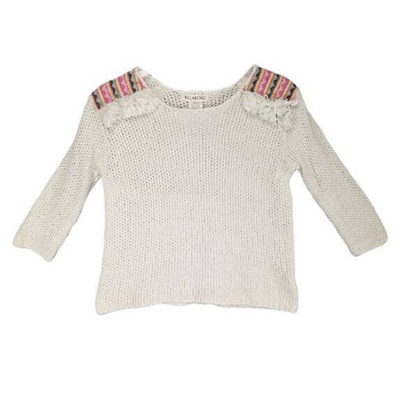 Billabong Sandy Kisses Women's M Boho Aztec Fringe Open Knit Crop Sweater, Beige - Picture 2 of 6